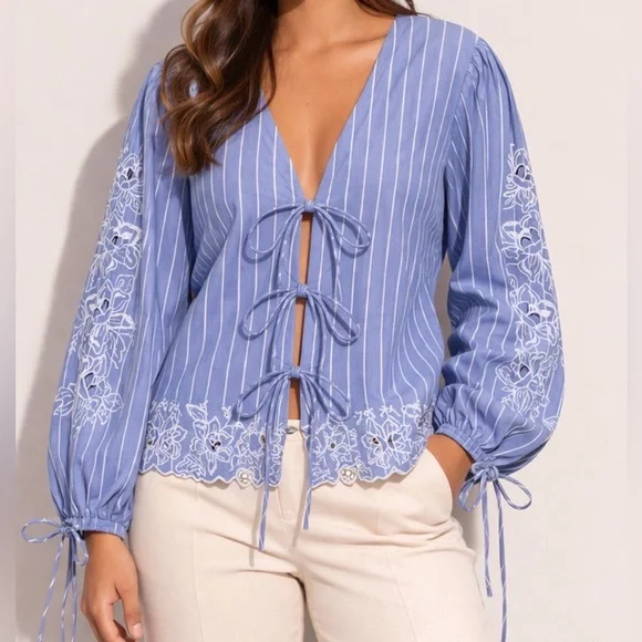 Future Collective Blue & White Eyelet Tie-Front Blouse | NWT | Size 1X - Picture 1 of 8